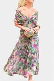 Seraphina Dunvale | Brown Off-Shoulder Ruched Maxi Dress