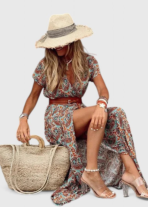 Isabelle Laurent | Navy Blue Boho Print Maxi Dress with Cap Sleeves