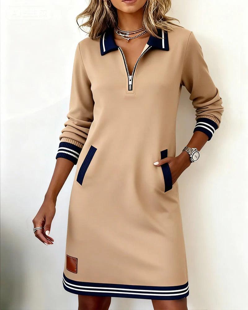 Adeline Fontaine | Collar Zip Knee-Length Dress For Women