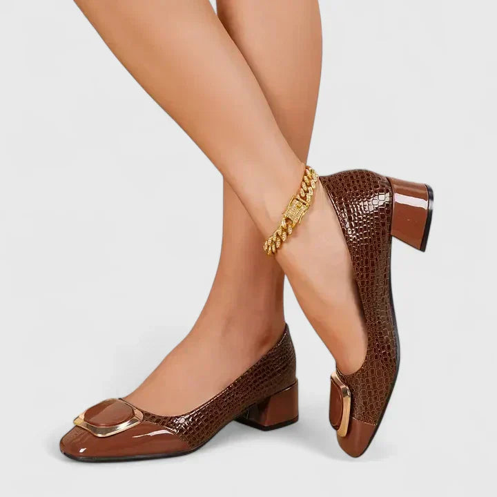 Arabella Foxworth | Brown Croc-Embossed Block Heel Pumps