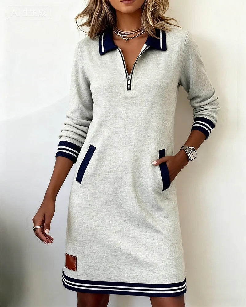 Adeline Fontaine | Collar Zip Knee-Length Dress For Women