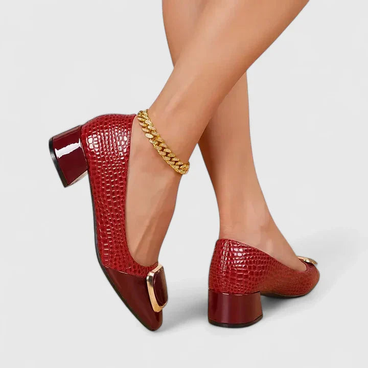 Arabella Foxworth | Brown Croc-Embossed Block Heel Pumps