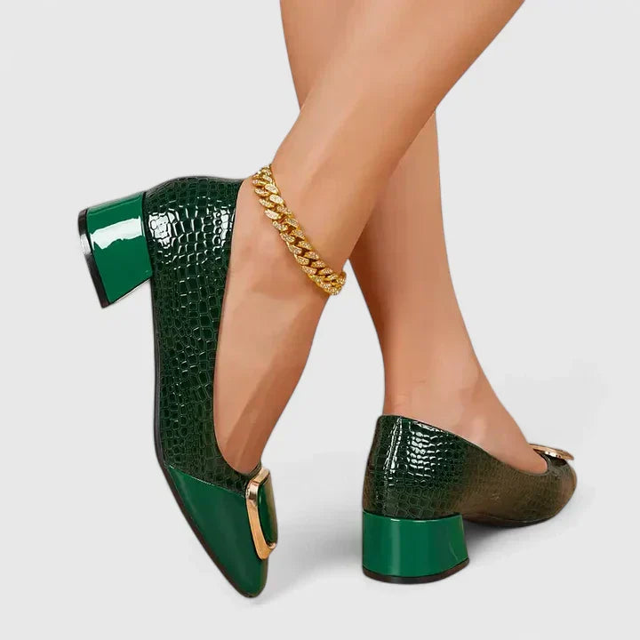 Arabella Foxworth | Brown Croc-Embossed Block Heel Pumps