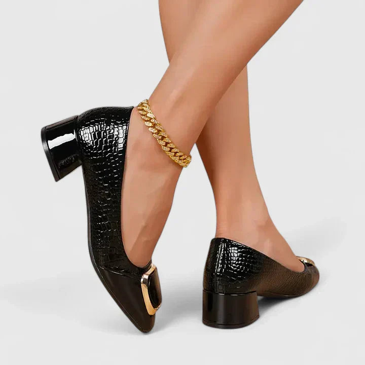 Arabella Foxworth | Brown Croc-Embossed Block Heel Pumps