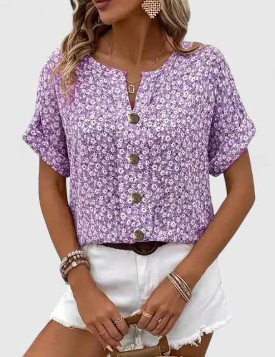 Paulette Vincendon | Pink Ditsy Floral Button-Front Blouse
