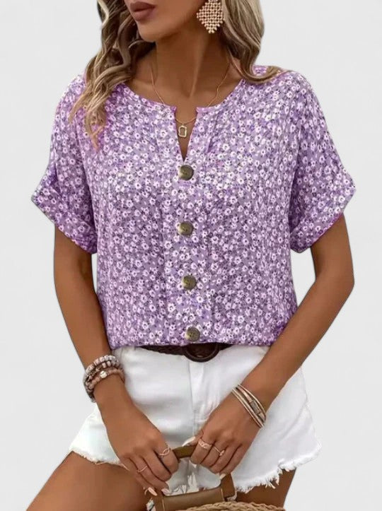 Paulette Vincendon | Pink Ditsy Floral Button-Front Blouse