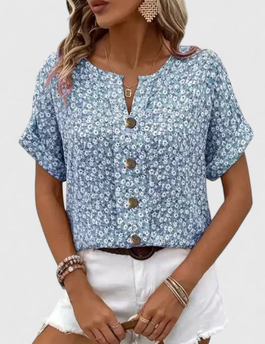 Paulette Vincendon | Pink Ditsy Floral Button-Front Blouse
