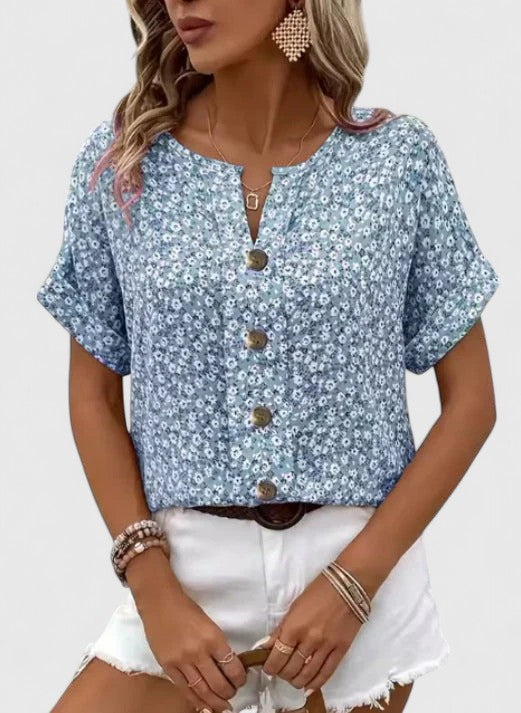 Paulette Vincendon | Pink Ditsy Floral Button-Front Blouse