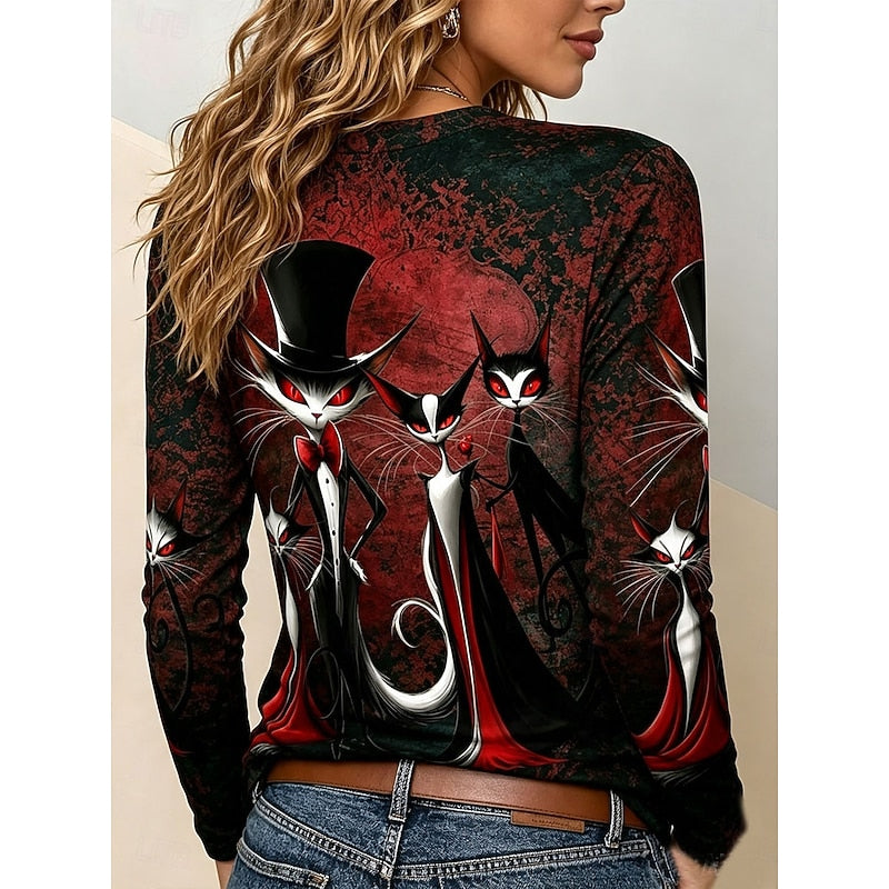 Beatrice Amaro | Gothic Cat Print Long-Sleeve Top For Women