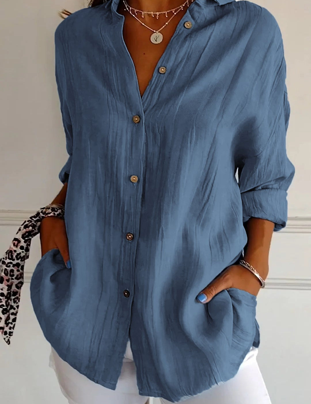 Celeste Fairbrook | Oversized Blue Linen-Look Button-Down Shirt