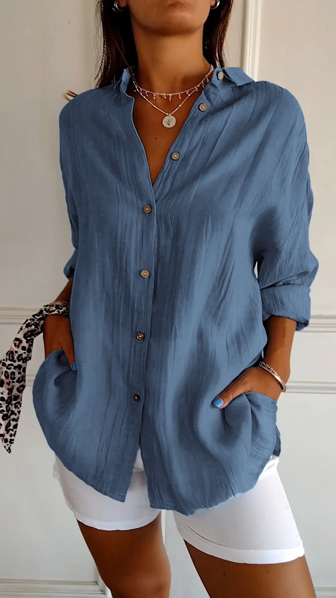 Celeste Fairbrook | Oversized Blue Linen-Look Button-Down Shirt