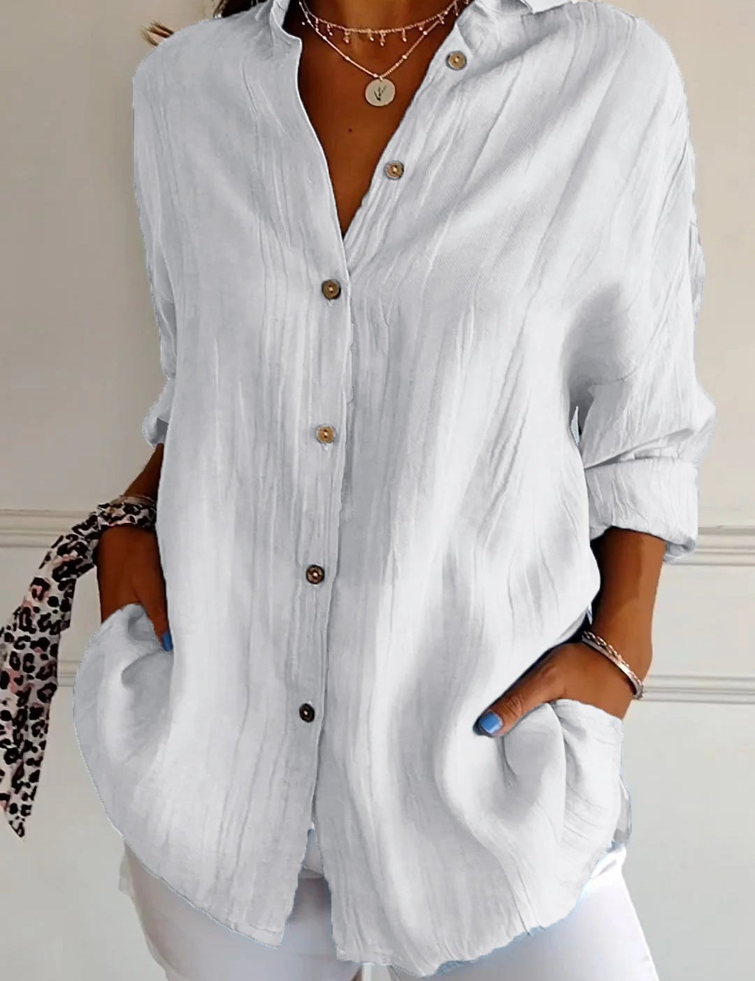 Celeste Fairbrook | Oversized Blue Linen-Look Button-Down Shirt