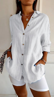 Celeste Fairbrook | Oversized Blue Linen-Look Button-Down Shirt