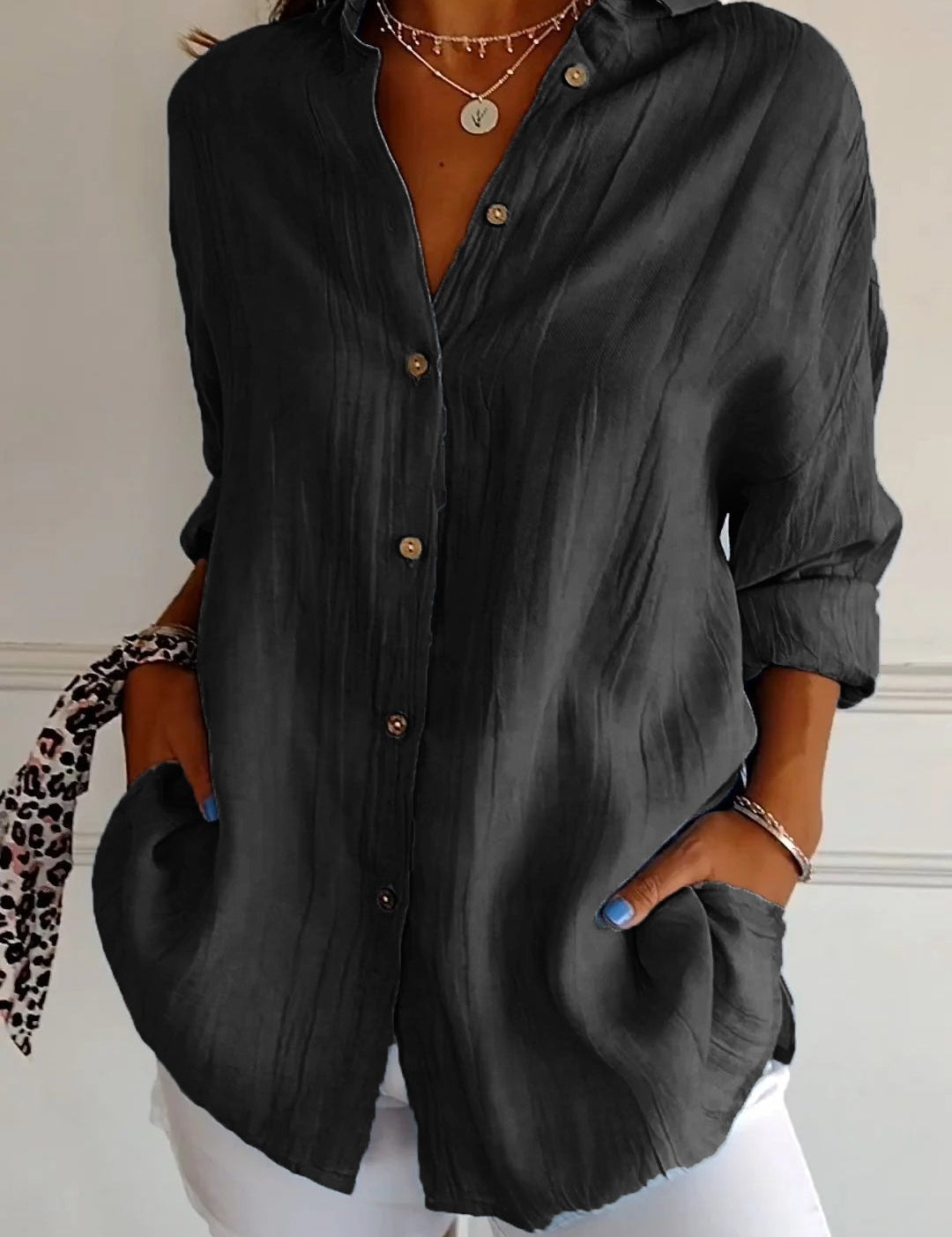 Celeste Fairbrook | Oversized Blue Linen-Look Button-Down Shirt