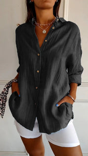 Celeste Fairbrook | Oversized Blue Linen-Look Button-Down Shirt