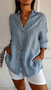 Celeste Fairbrook | Oversized Blue Linen-Look Button-Down Shirt