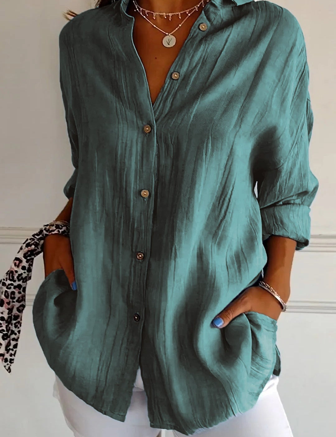 Celeste Fairbrook | Oversized Blue Linen-Look Button-Down Shirt