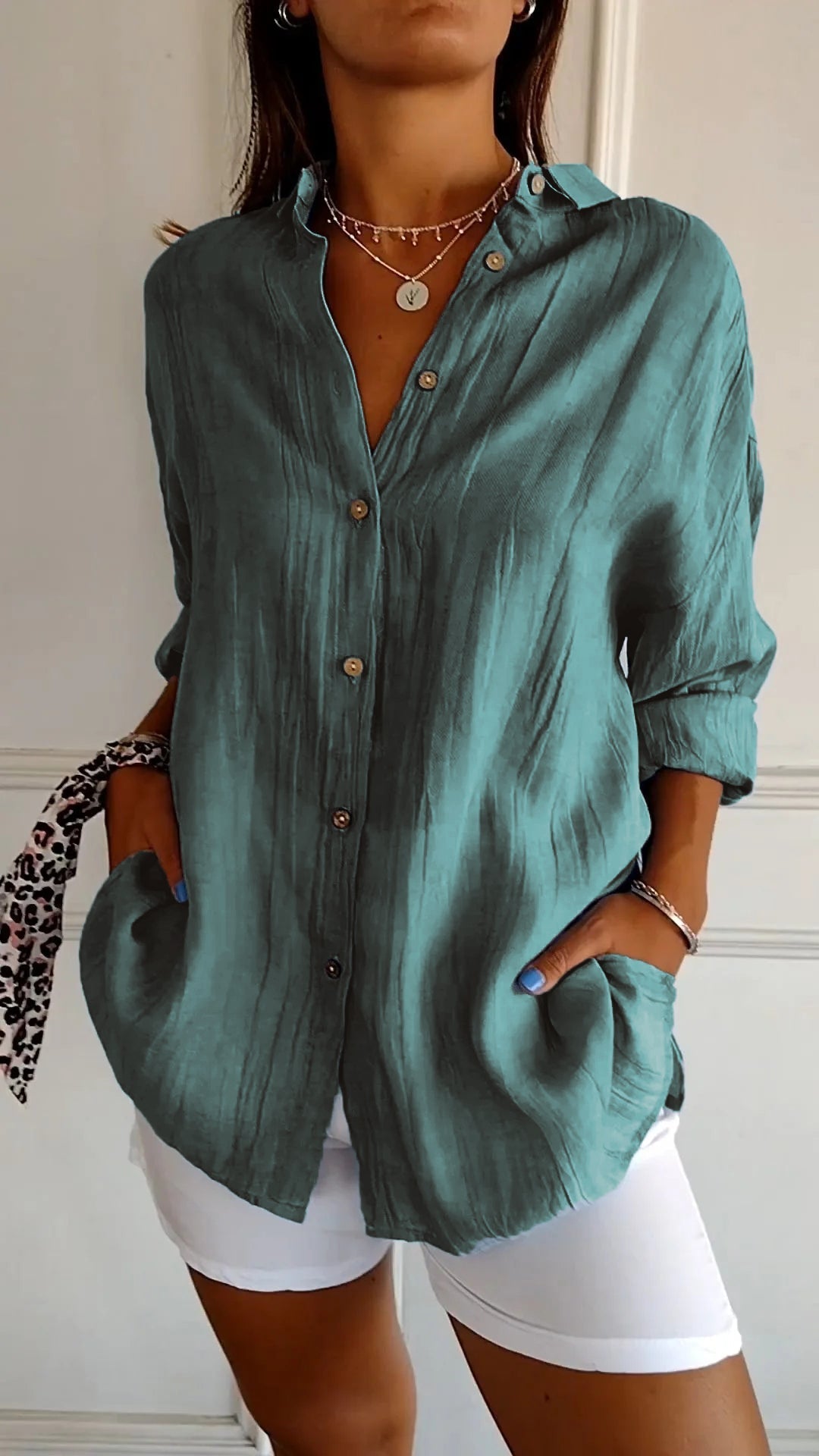 Celeste Fairbrook | Oversized Blue Linen-Look Button-Down Shirt