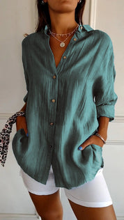 Celeste Fairbrook | Oversized Blue Linen-Look Button-Down Shirt