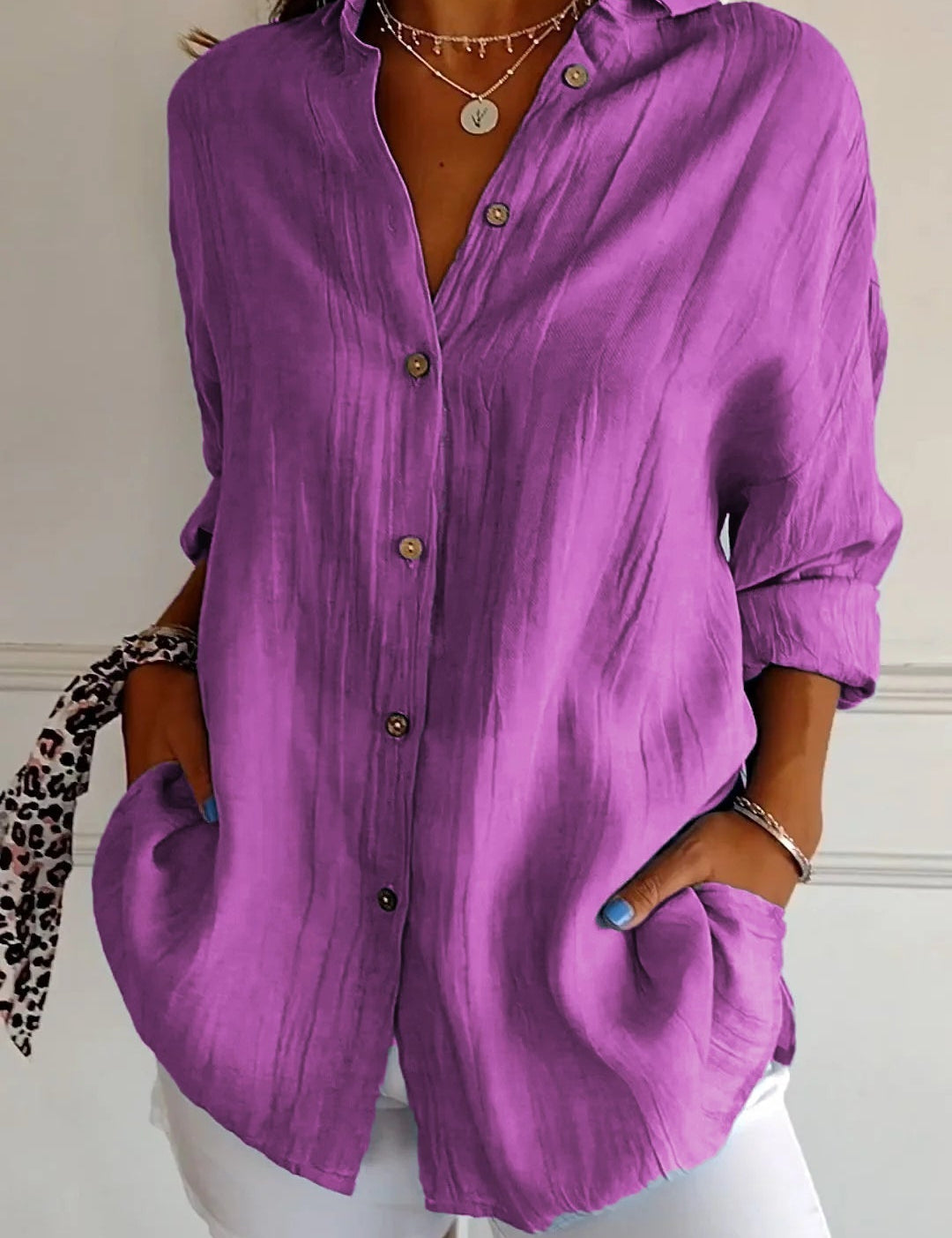 Celeste Fairbrook | Oversized Blue Linen-Look Button-Down Shirt
