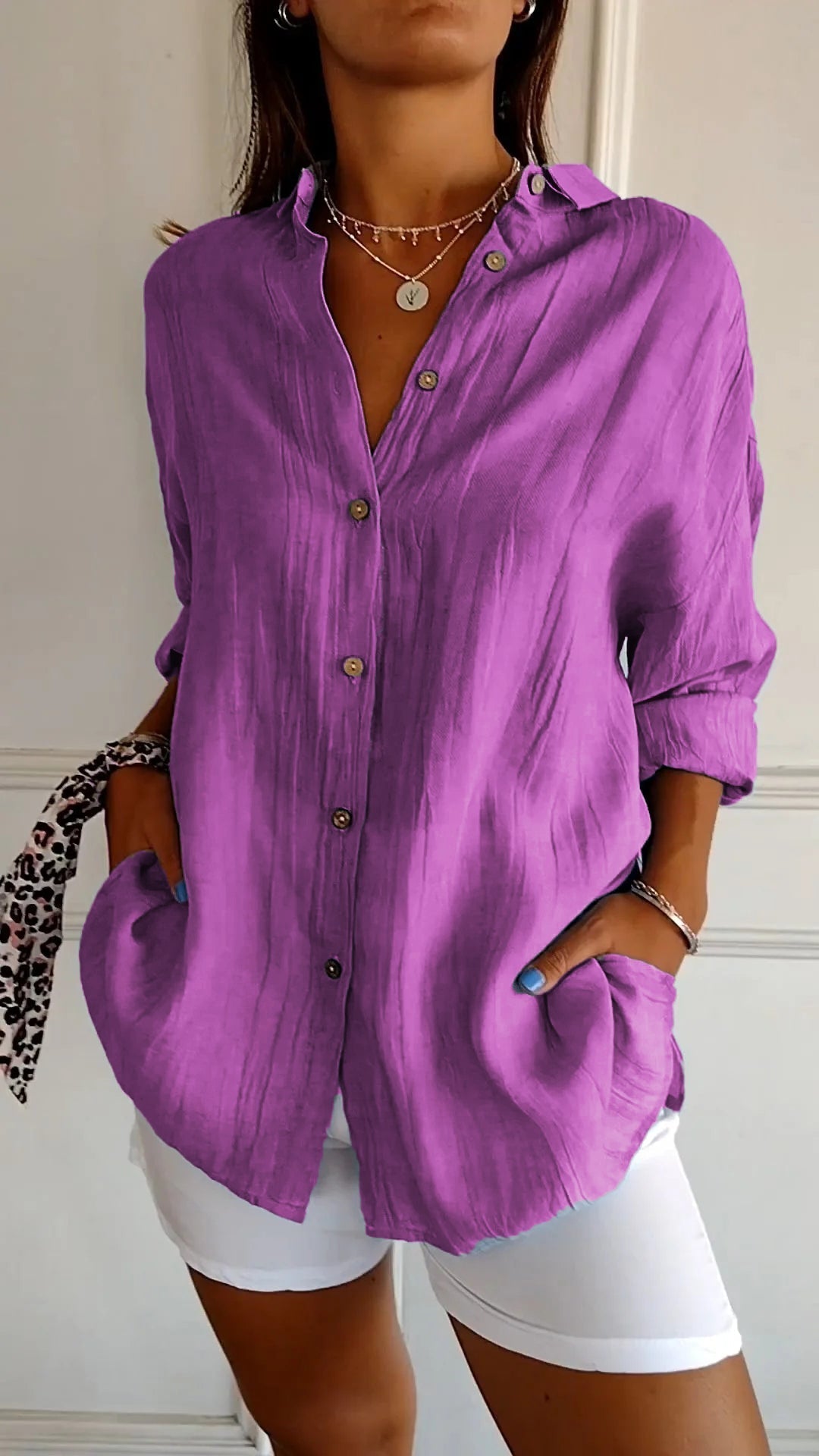 Celeste Fairbrook | Oversized Blue Linen-Look Button-Down Shirt