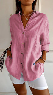 Celeste Fairbrook | Oversized Blue Linen-Look Button-Down Shirt