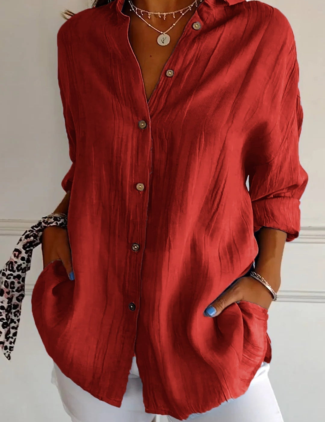Celeste Fairbrook | Oversized Blue Linen-Look Button-Down Shirt