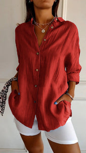 Celeste Fairbrook | Oversized Blue Linen-Look Button-Down Shirt