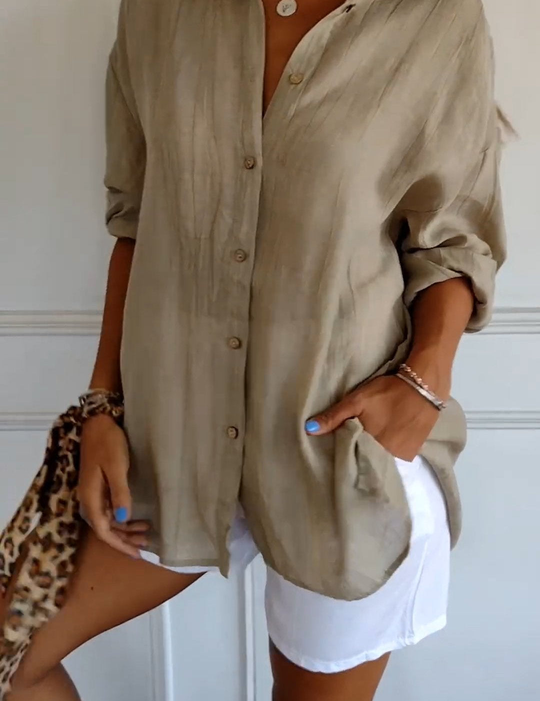 Celeste Fairbrook | Oversized Blue Linen-Look Button-Down Shirt