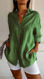 Celeste Fairbrook | Oversized Blue Linen-Look Button-Down Shirt