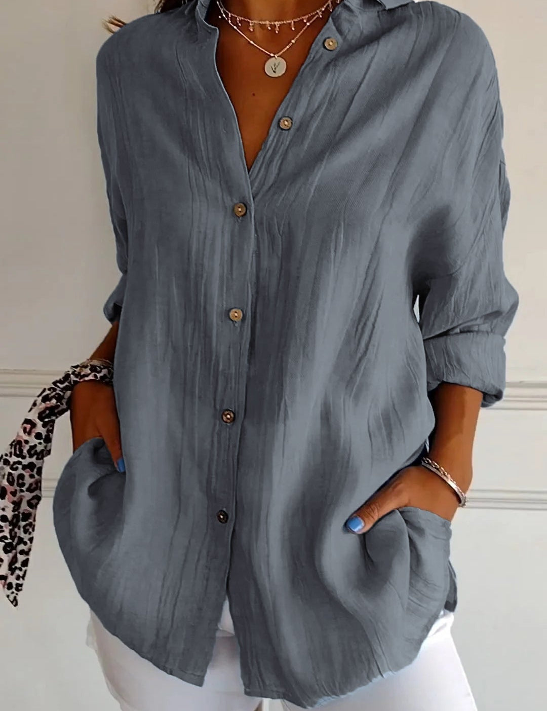 Celeste Fairbrook | Oversized Blue Linen-Look Button-Down Shirt