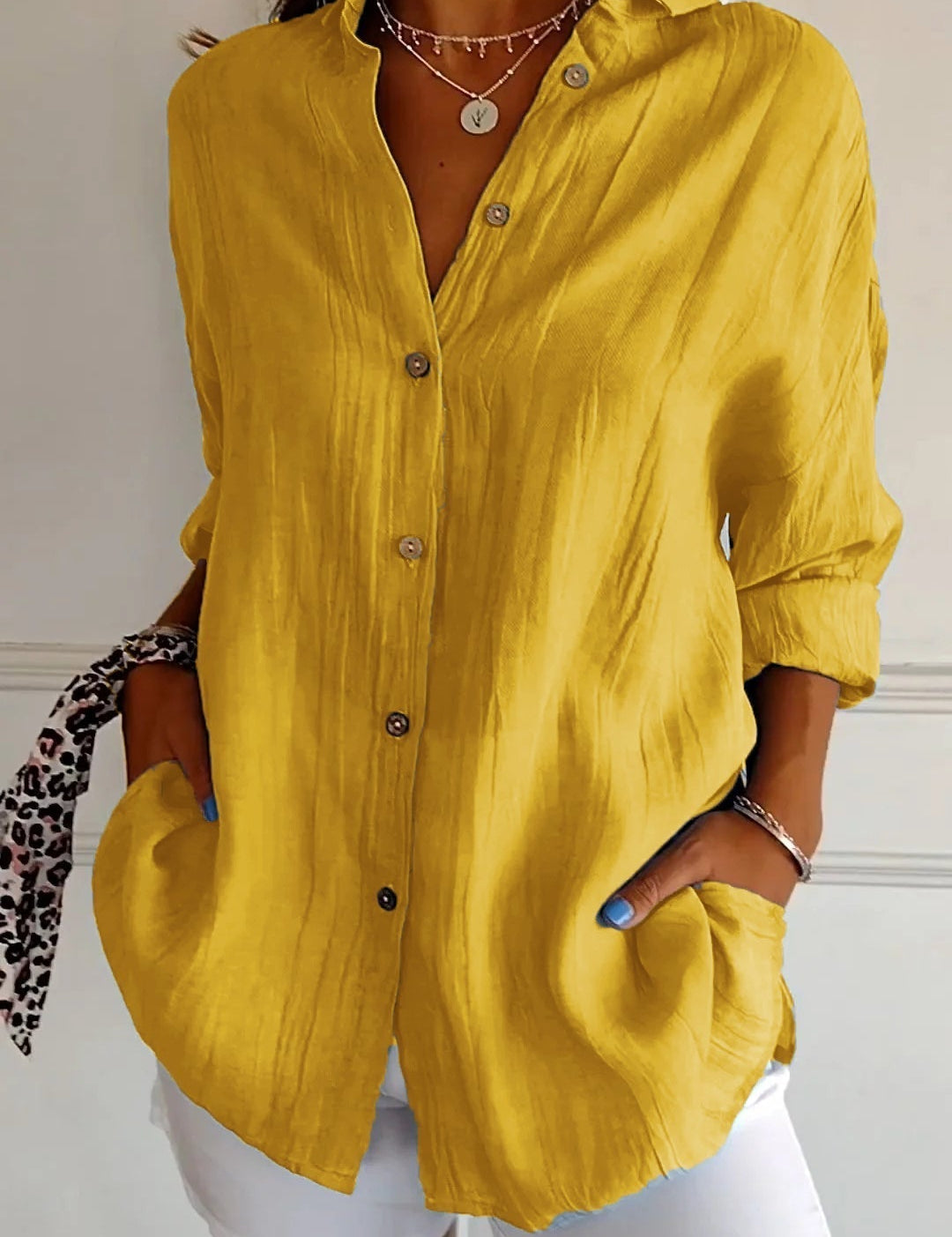 Celeste Fairbrook | Oversized Blue Linen-Look Button-Down Shirt