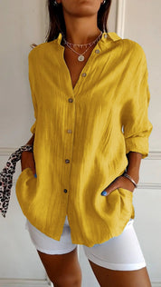 Celeste Fairbrook | Oversized Blue Linen-Look Button-Down Shirt