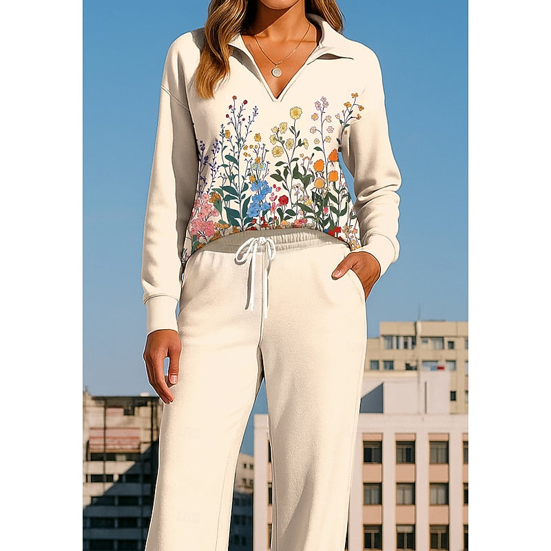 Camille Winters | Floral Collared Two-Piece Lounge Set For Women