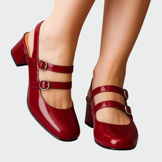 Estelle Carmontaine | Red Patent Double-Strap Mary Jane Block Heel