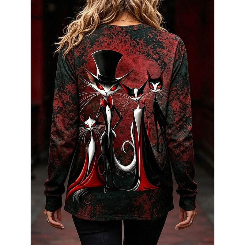 Beatrice Amaro | Gothic Cat Print Long-Sleeve Top For Women