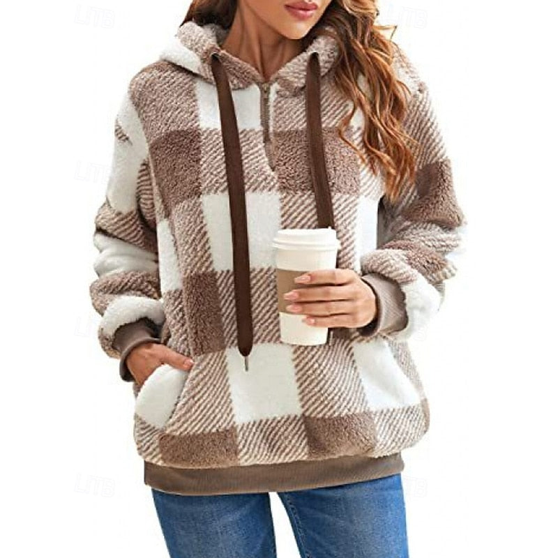 Colette Alddale | Cozy Quarter-Zip Checkered Hoodie For Women