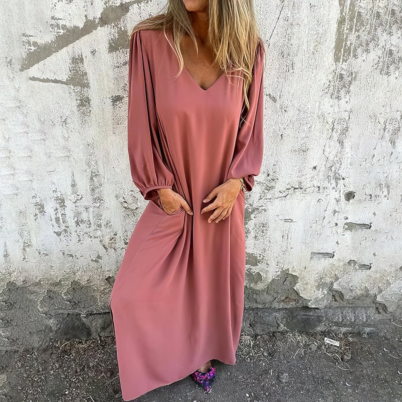 Aurore Wentfield | Flowing Beige Maxi Dress with Pockets