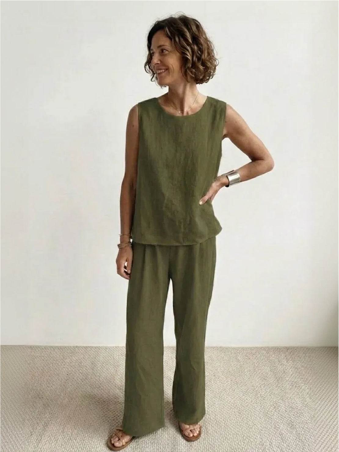 Célestine Hargrove | Olive Green Linen-Look Sleeveless Tank & Wide-Leg Pants Set