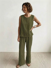 Célestine Hargrove | Olive Green Linen-Look Sleeveless Tank & Wide-Leg Pants Set