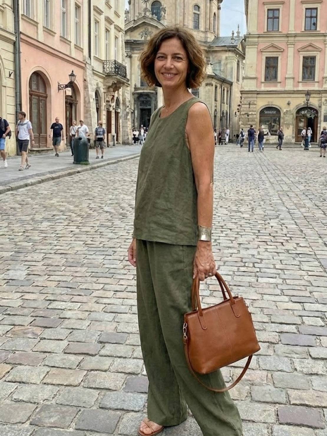 Célestine Hargrove | Olive Green Linen-Look Sleeveless Tank & Wide-Leg Pants Set