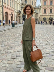 Célestine Hargrove | Olive Green Linen-Look Sleeveless Tank & Wide-Leg Pants Set