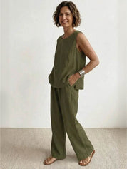 Célestine Hargrove | Olive Green Linen-Look Sleeveless Tank & Wide-Leg Pants Set
