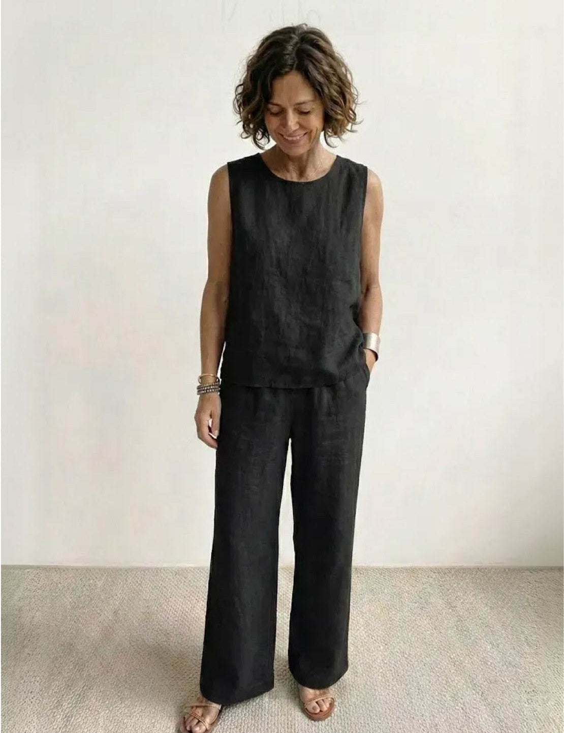 Célestine Hargrove | Olive Green Linen-Look Sleeveless Tank & Wide-Leg Pants Set