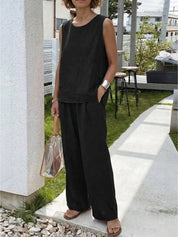 Célestine Hargrove | Olive Green Linen-Look Sleeveless Tank & Wide-Leg Pants Set