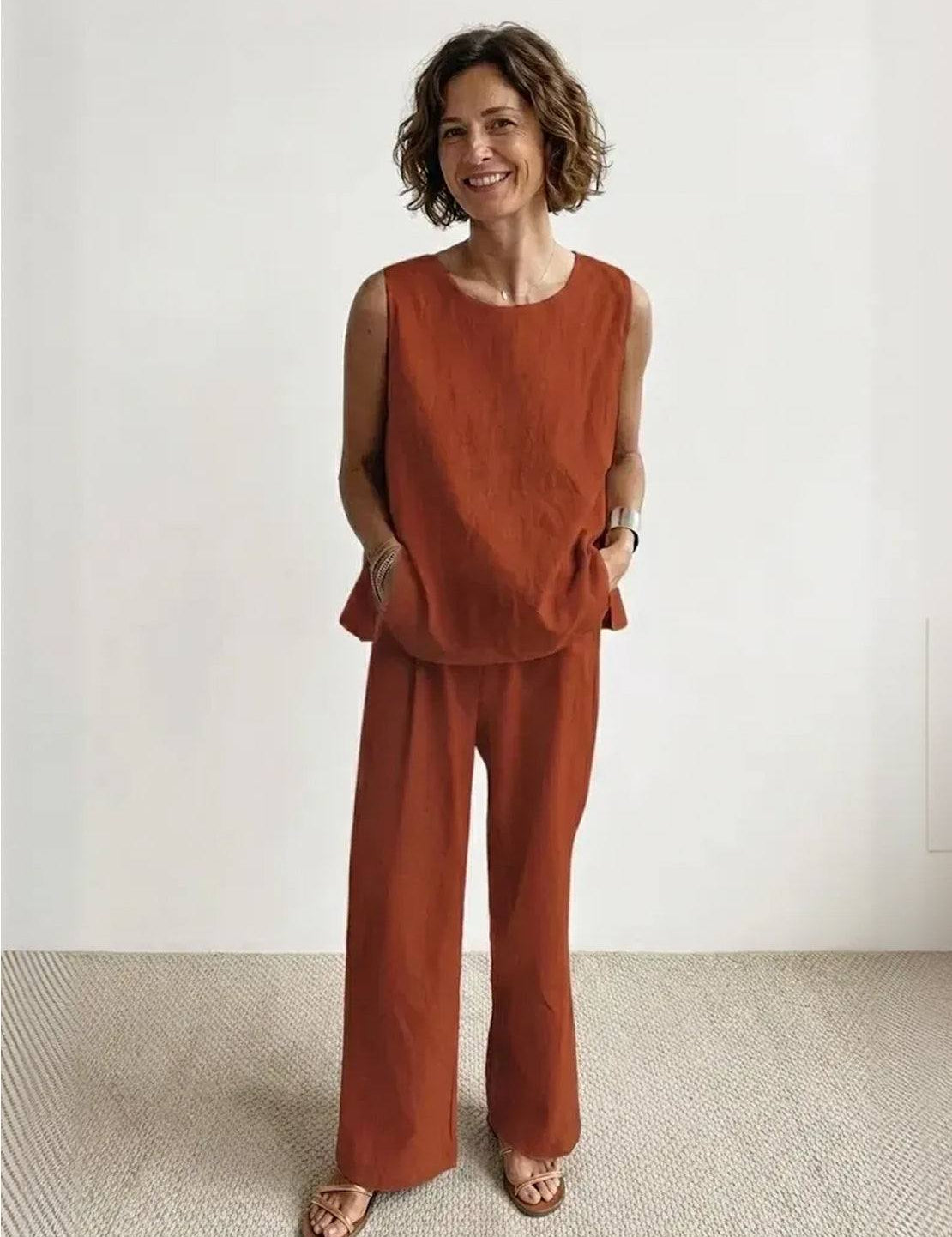 Célestine Hargrove | Olive Green Linen-Look Sleeveless Tank & Wide-Leg Pants Set
