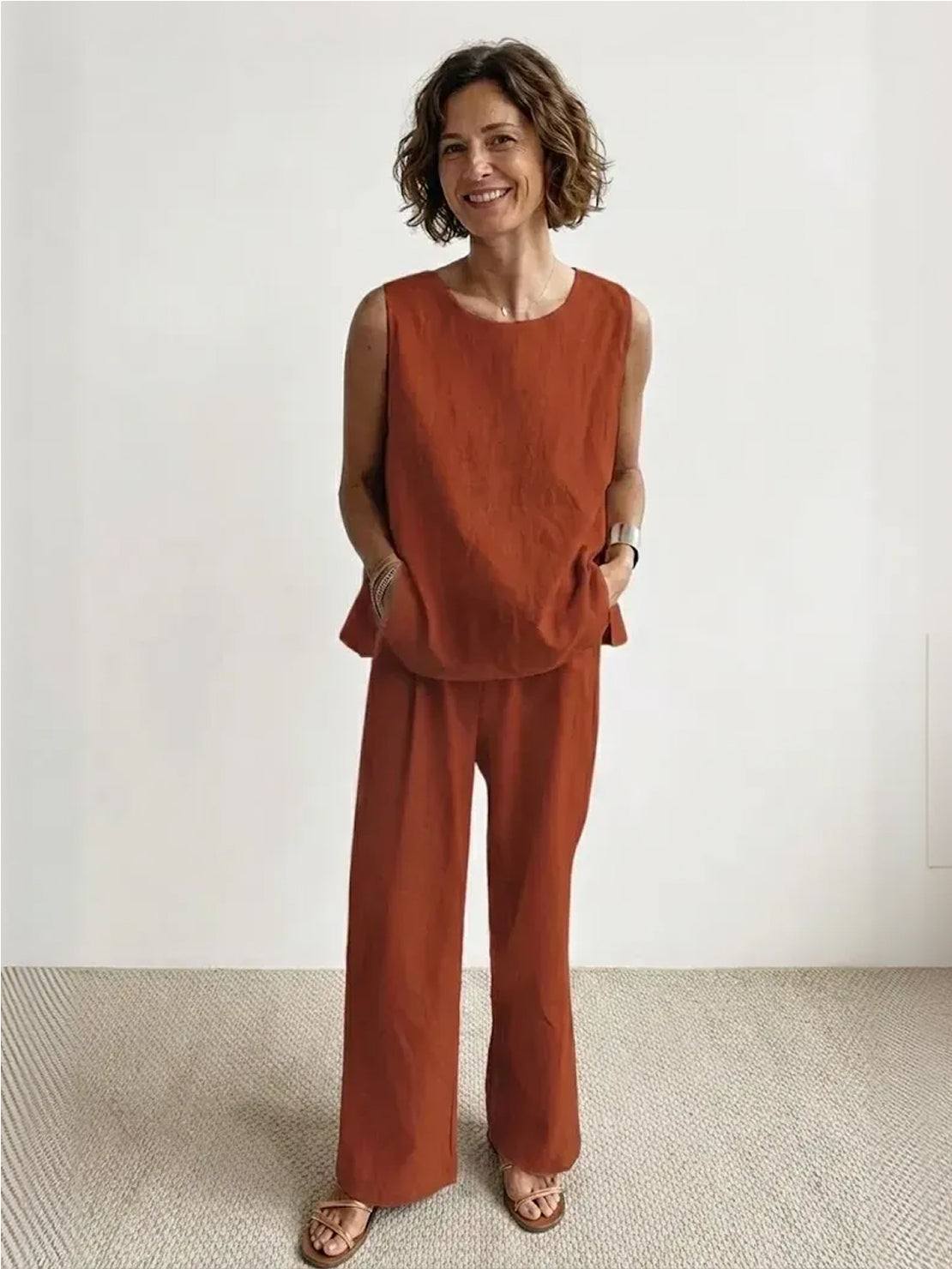 Célestine Hargrove | Olive Green Linen-Look Sleeveless Tank & Wide-Leg Pants Set