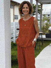 Célestine Hargrove | Olive Green Linen-Look Sleeveless Tank & Wide-Leg Pants Set