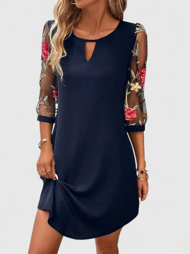 Alexandrine Voss | Navy Floral Embroidered Mesh Sleeve Mini Dress
