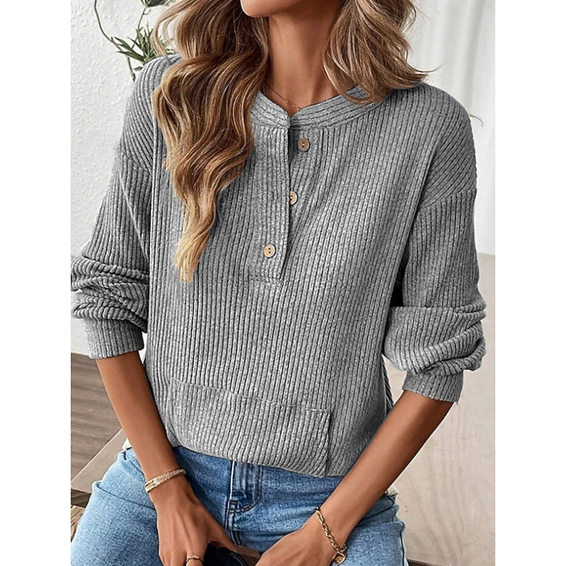 Nadege Pemberley | Khaki Ribbed Button Henley Top For Women